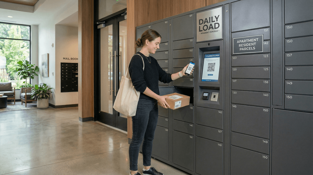 Resident collecting a parcel from a Daily Load smart locker