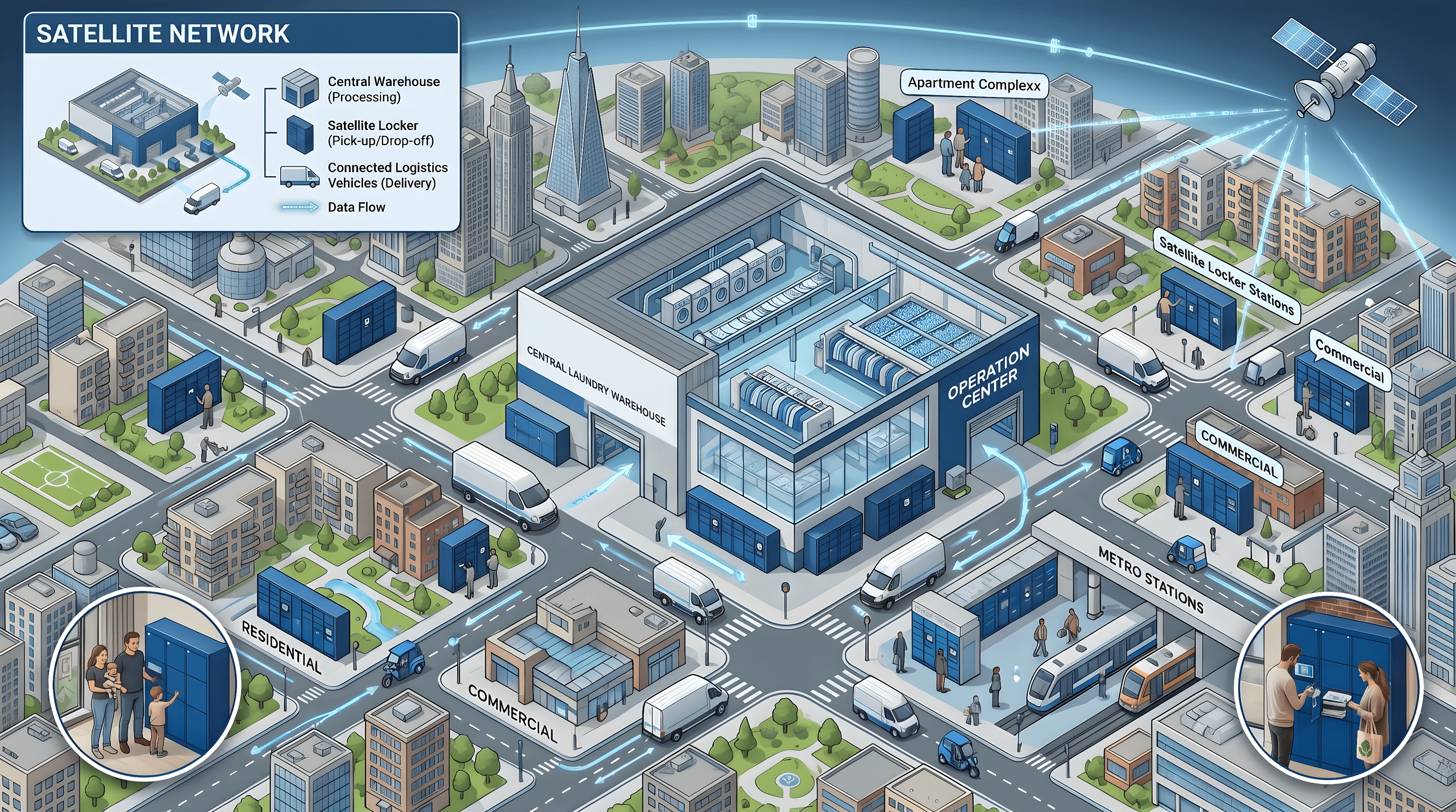 Laundry Satellite System — network of drop boxes and smart lockers